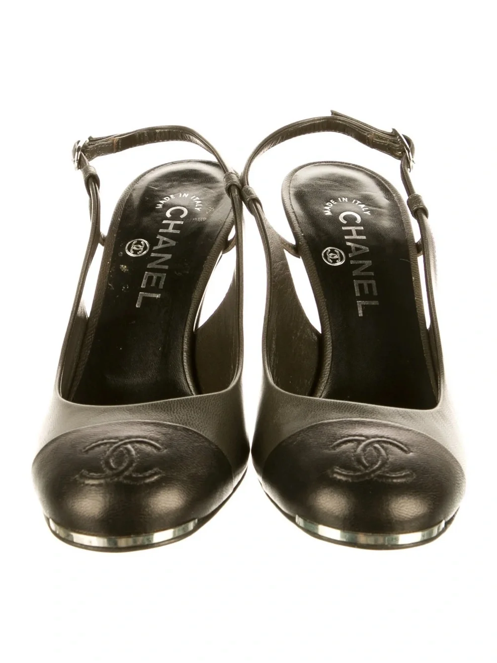 CHANEL Black Leather Slingback Mules with Embossed CC